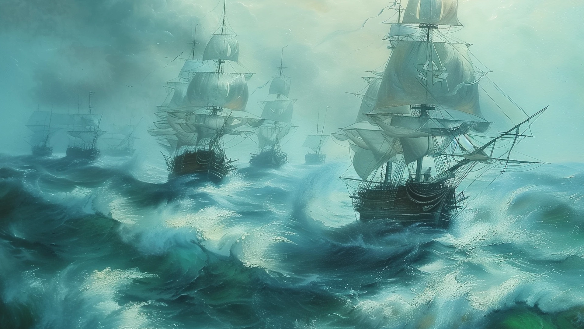 Several large sailing ships with tall masts and billowing sails navigate through rough, choppy ocean waves under a cloudy sky, reminiscent of voyages departing near landmarks like St. Nicholas’ Collegiate Church.