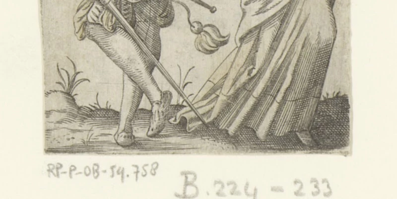 A grayscale drawing shows two figures standing close. Only their legs and lower torsos are visible, set near St. Nicholas’ Collegiate Church. One figure wears a short tunic and holds a staff; the other wears a long, flowing dress. Grass and ground details are in the background.