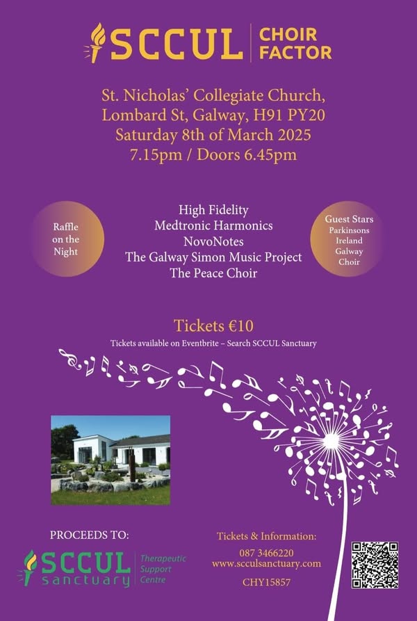 Poster for the SCCUL Choir Factor at St. Nicholas’ Collegiate Church, Galway, on March 8, 2025, with a purple and yellow design featuring event details, ticket info, and a lavender flower silhouette.