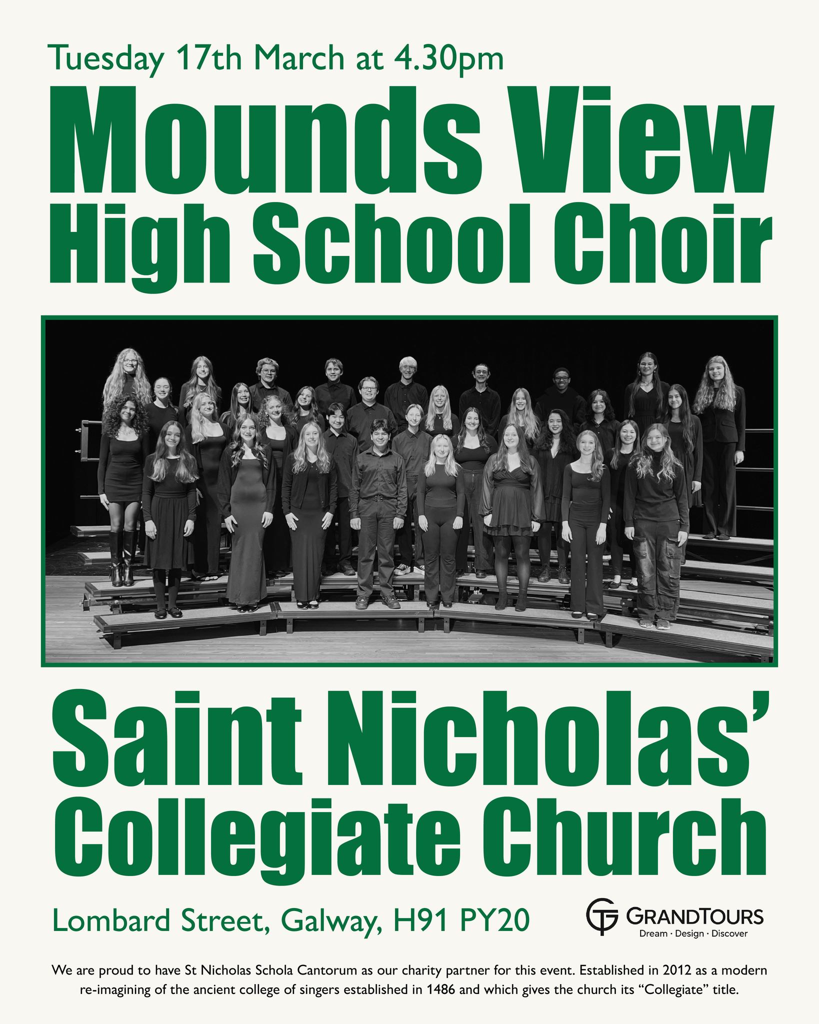 Poster features a black-and-white photo of the Mounds View Choir on risers. Large green text announces: “Mounds View High School Choir” and “Saint Nicholas Collegiate Church.” Event details and location appear below.
