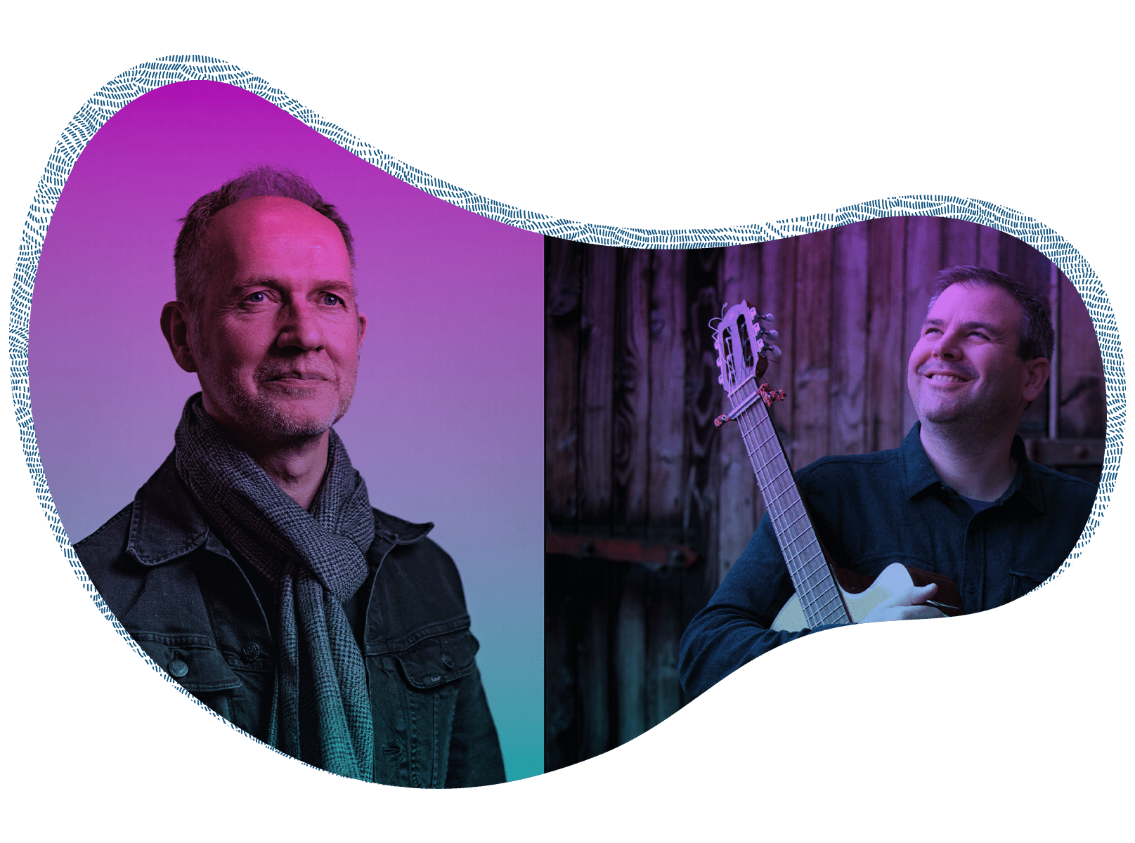 Two men are pictured side by side: the left man looks ahead in a scarf and jacket with a neutral background; the right smiles, holding a guitar before a rustic wooden wall—both photographed near St. Nicholas’ Collegiate Church.