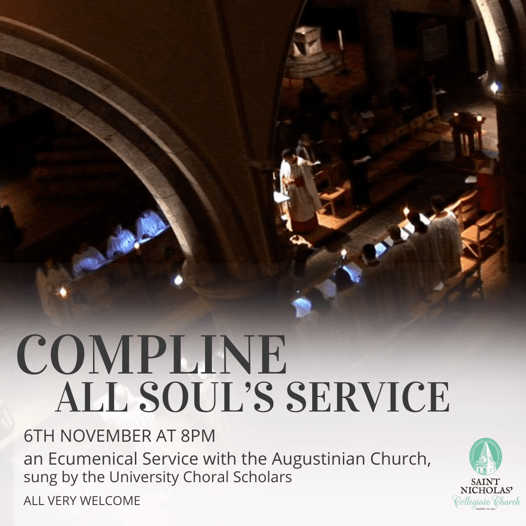 A nighttime church service with a choir in white robes singing in wooden pews, viewed from above. Text overlay announces a Compline All Souls Service on 6th November at 8pm at St. Nicholas’ Collegiate Church.