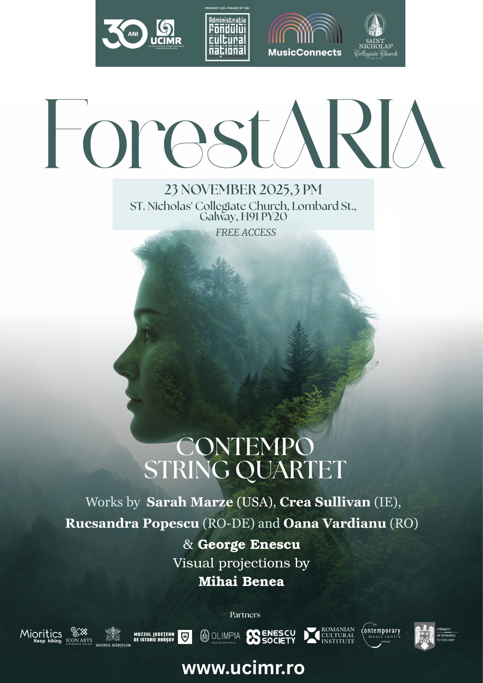 Poster for ForestARIA concert on 23 November 2023 at St. Nicholas’ Collegiate Church, Galway. Forest background, silhouetted head, and event details. Features Contempo String Quartet and visual projections by Mihai Benea.