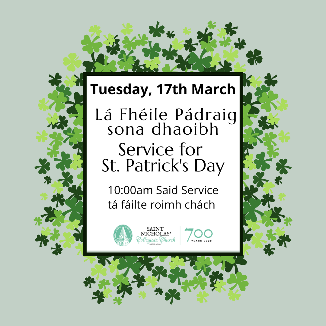 A St. Patrick's Day service announcement with shamrock decorations. Text details a special St. Patrick's Day service on Tuesday, 17th March at Saint Nicholas Collegiate Church, with times listed in both English and Irish.