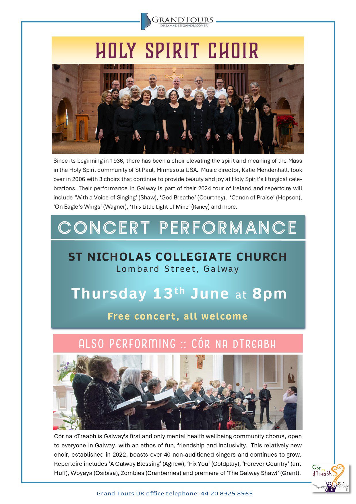 Poster for a Holy Spirit Choir concert at St. Nicholas’ Collegiate Church, Galway, on Thursday, 13th June at 8pm. Free event; also featuring Cór na dTreabh. Includes choir info, images, and contact details.