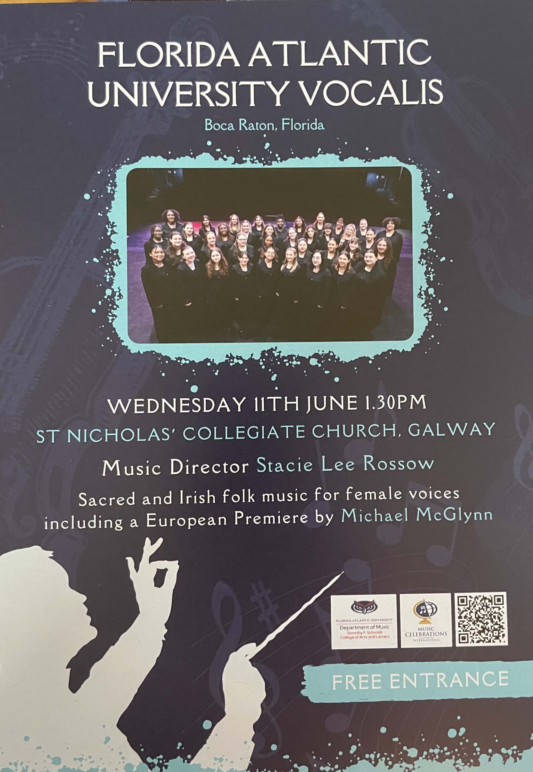Poster for a concert by Florida Atlantic University Vocalis, featuring a group photo of choir members. Event details: June 11th, 1:30 PM at St. Nicholas’ Collegiate Church, Galway. Free entrance.