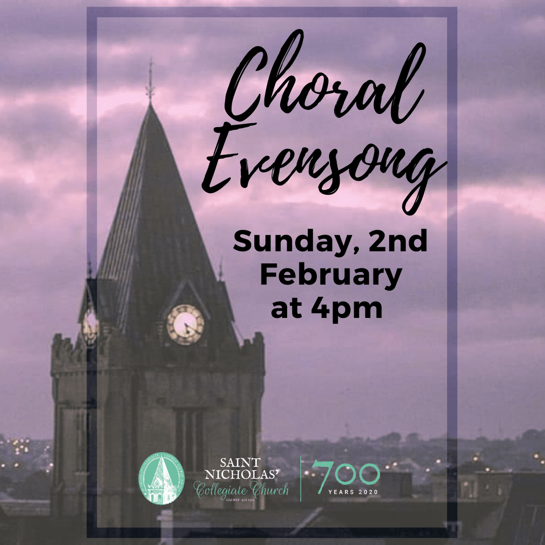 A church tower at dusk with event text: Choral Evensong, Sunday, 2nd February at 4pm. Logos for St. Nicholas’ Collegiate Church and 700 Years 2020 are at the bottom.