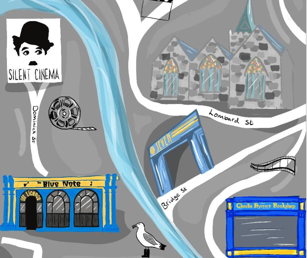 Illustrated map featuring a river, St. Nicholas’ Collegiate Church, a cinema sign, film reel, bridge, Blue Note cafe, Charlie Byrne’s Bookshop, a seagull, and street names: Dominick St, Lombard St, and Bridge St.