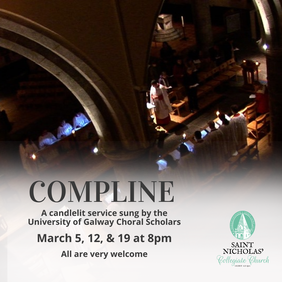 A candlelit choral service takes place inside a church, with choir members in white robes seated in wooden stalls. Text overlay details Compline services at Saint Nicholas Collegiate Church in March.
