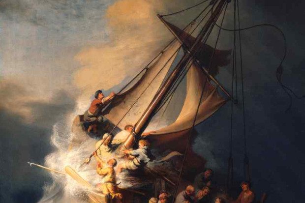 A dramatic painting of a ship caught in a violent storm, with sailors struggling to control the sails as waves crash over the deck, the mast leaning perilously—St. Nicholas’ Collegiate Church faintly visible on the distant, stormy shore under dark skies.