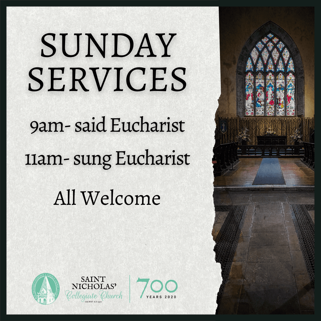 Text on a torn paper reads: Sunday Services. 9am - said Eucharist. 11am - sung Eucharist. All Welcome. To the right, a church interior with stained glass windows invites you to our Sunday Services. Logos for Saint Nicholas’ Church and 700 Years 2020 are below.