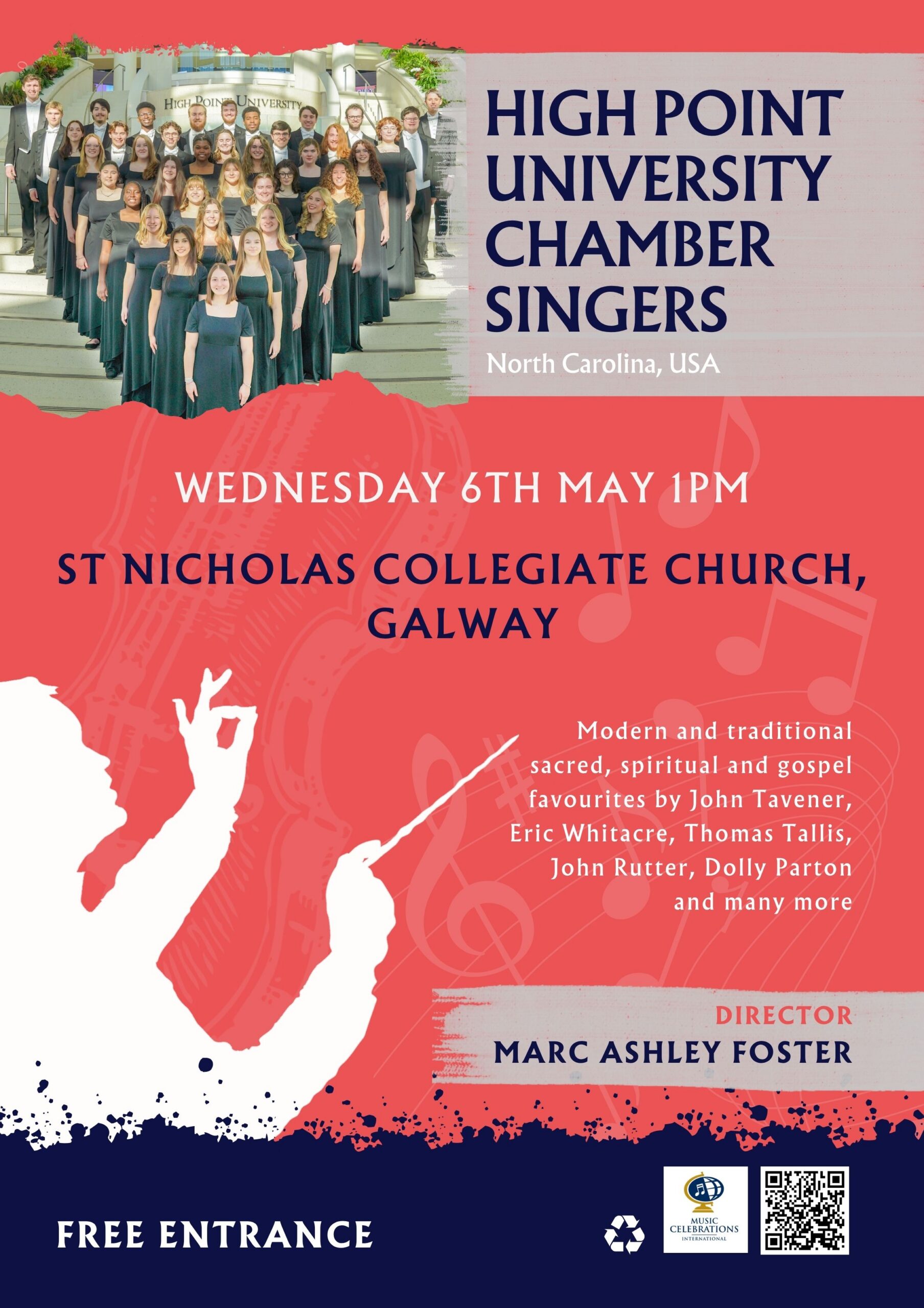 Poster for a concert by the High Point University Chamber Singers at St Nicholas Collegiate Church, Galway, on May 6th, featuring a choir photo, event details, and musical notes on a red and purple background.