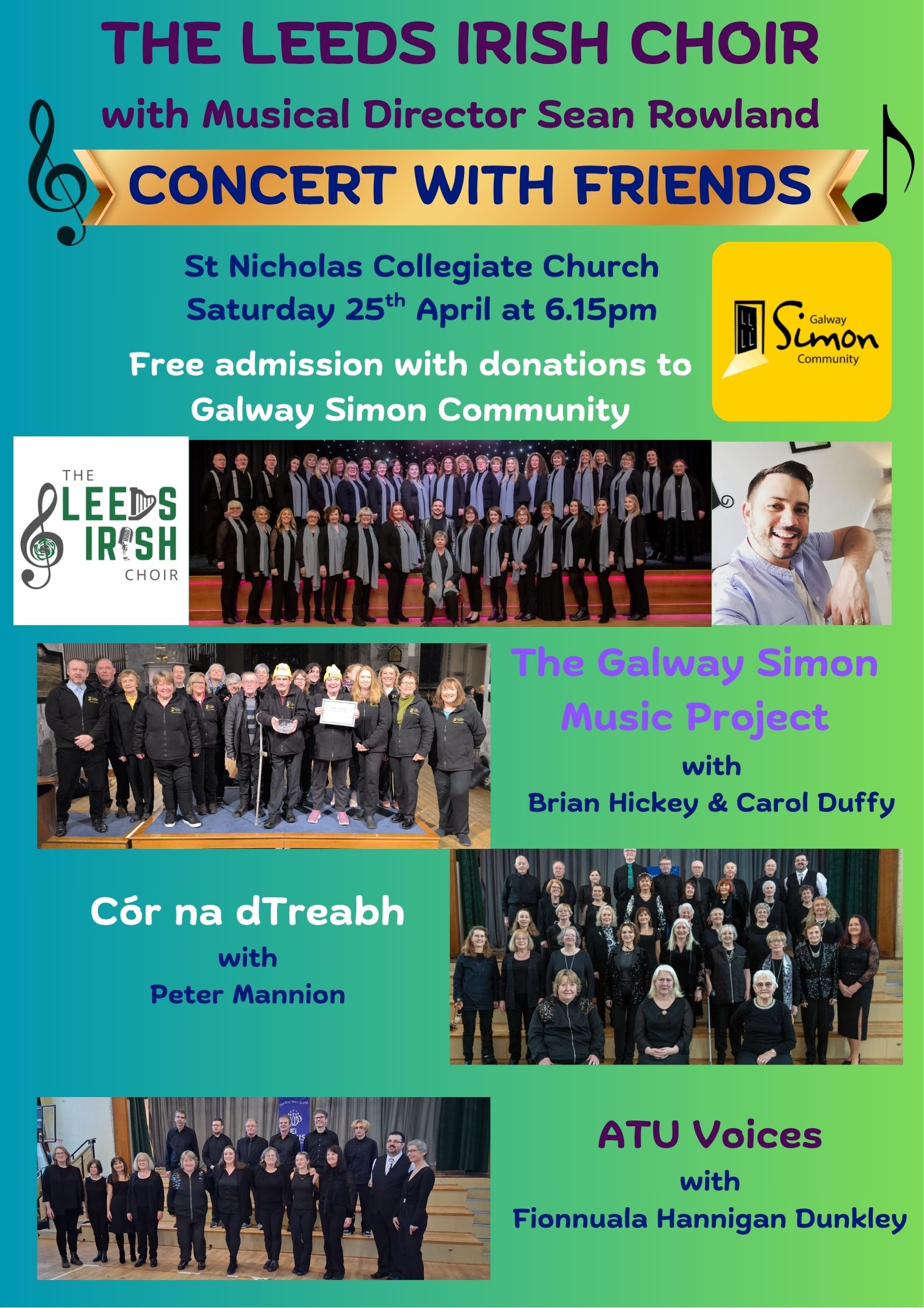 Poster for Leeds Irish Choir: Concert with Friends on Sat 25th April, featuring choir photos, event details, and logos. Supporting Galway Simon Community at St Nicholas Collegiate Church, Galway.